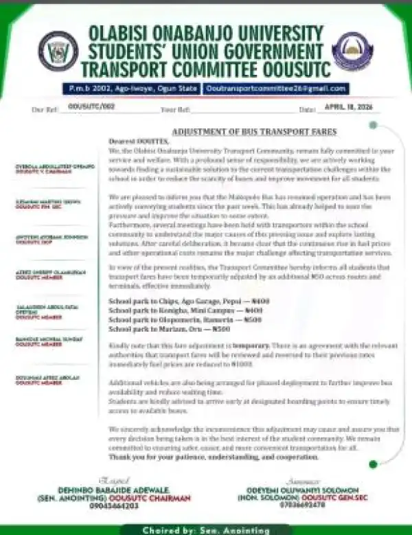 OOU SUG notice on adjustment of transport fare within the campus