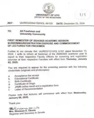 UNIUYO notice of screening/registration & commencement of lectures for freshmen, 2024/2025