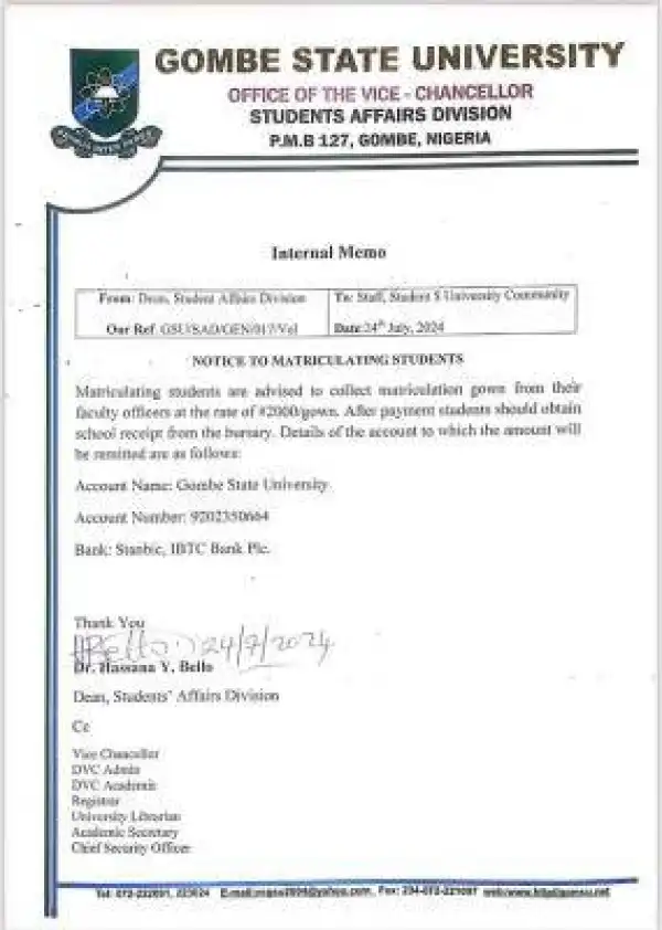 GOMSU notice to matriculating students on collection of matriculation gowns