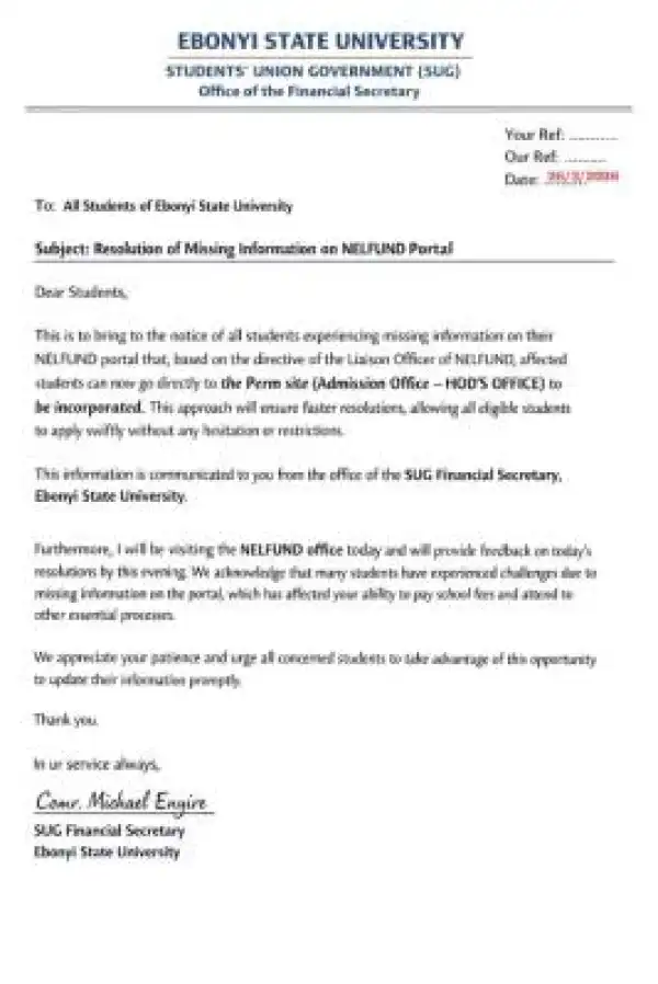 EBSU SUG notice on resolution of missing information on NELFUND portal