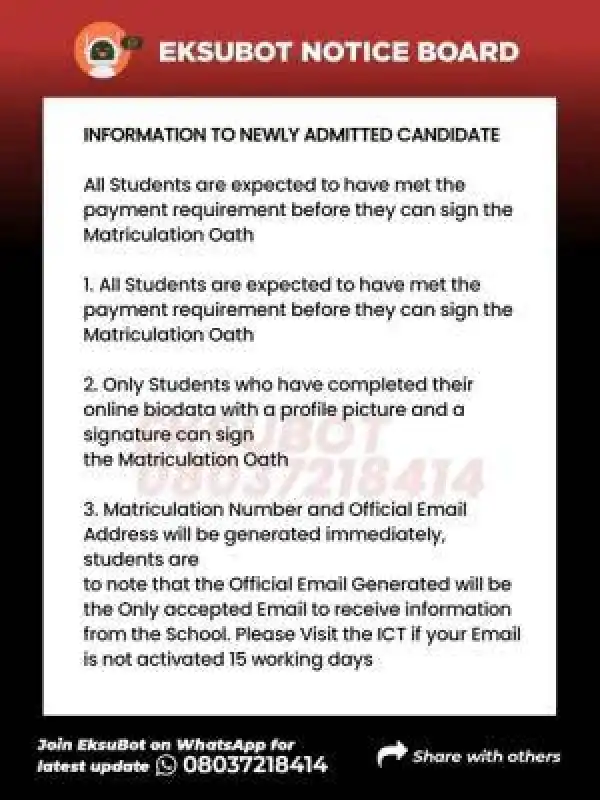 EKSU important notice to newly admitted students