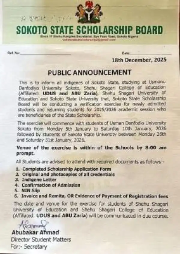 Sokoto State Scholarship Board announces verification exercise for 2025/2026 beneficiaries