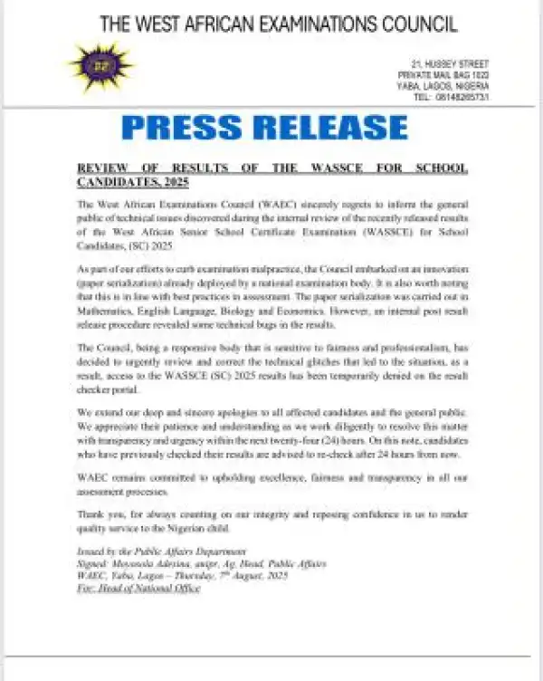 WAEC admits error in 2025 SSCE results, directs candidates to re-check after 24 hours