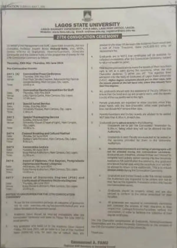 LASU announces 27th Convocation Ceremonies