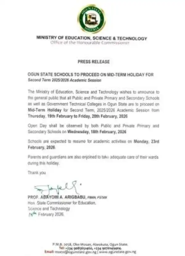 Ogun State Ministry of Education, Science and Technology Announces Mid- term Holiday for Schools