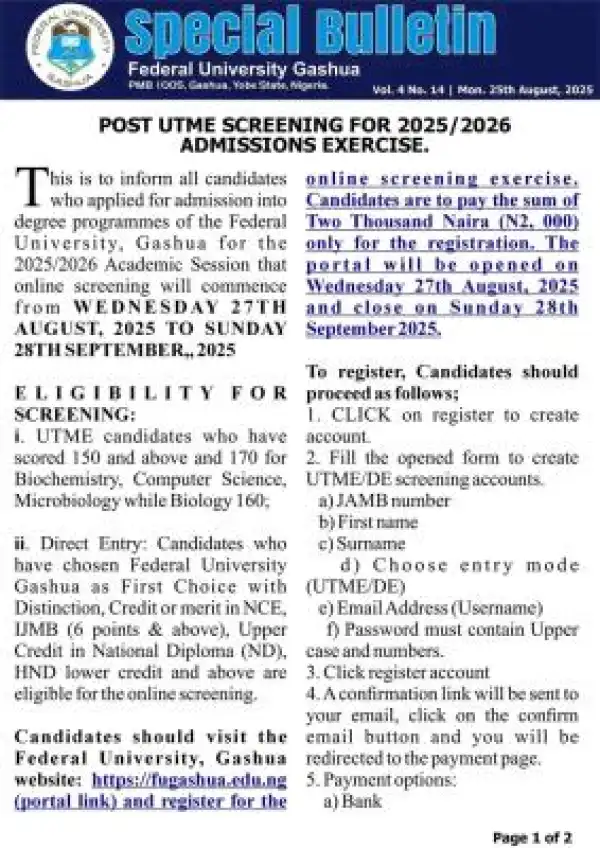 FUGASHUA Post-UTME/DE 2025: Cut-off mark, Eligibility and Registration Details