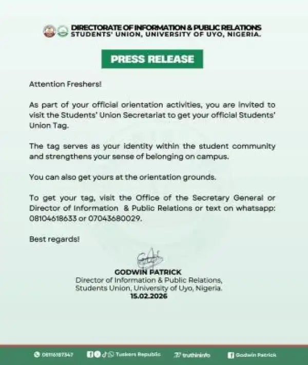 UNIUYO Students’ Union notice to freshers on collection of tags