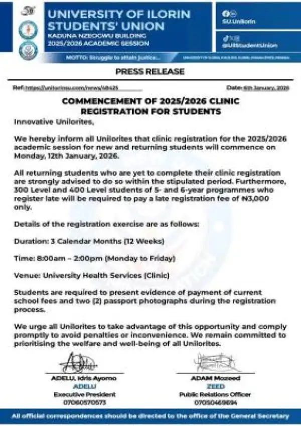 UNILORIN SUG notice to students on commencement of clinic registration, 2025/2026