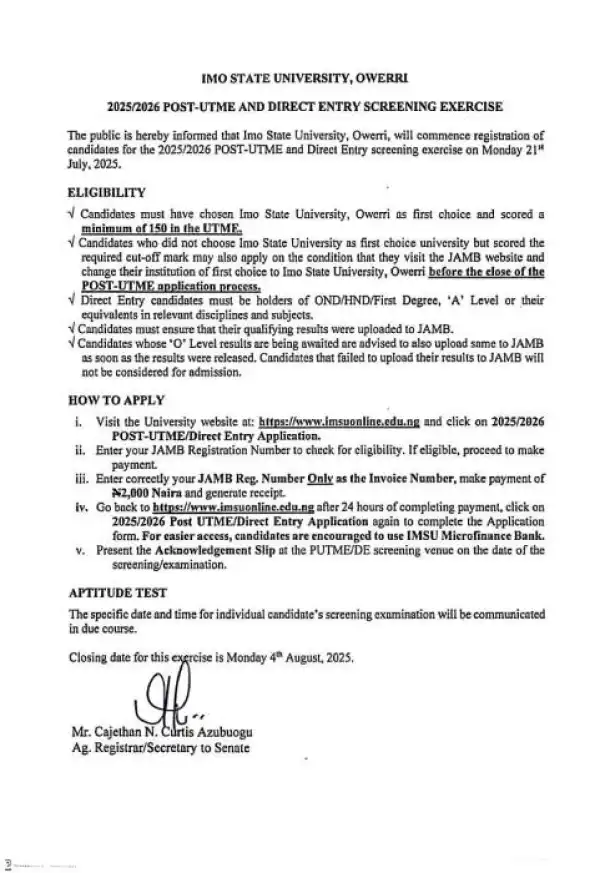 IMSU Post-UTME/DE 2025: Cut-off mark, Eligibility and Registration Details