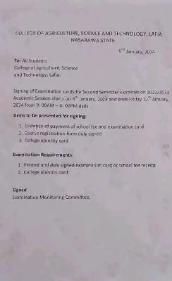 College of Agric, Science and Tech, Lafia notice to students on signing of exam cards