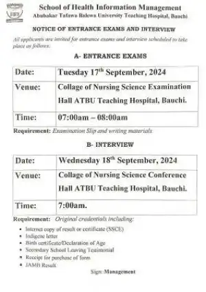 ATBUTH School of Health Information Management notice of entrance exam and interview