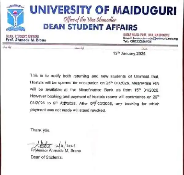 UNIMAID notice on hostel opening and booking schedule