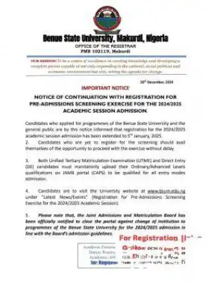 BSU extends Post UTME/DE registration deadline, 2024/2025