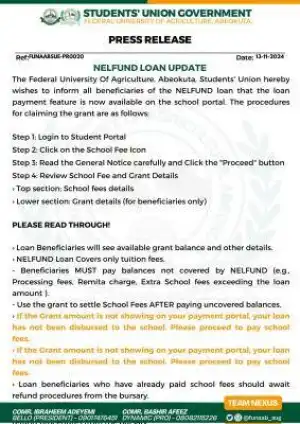 FUNAAB SUG update to students on NELFUND Loan