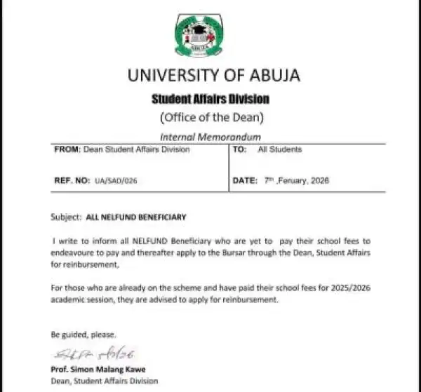 UNIABUJA issues notice to NELFUND beneficiaries