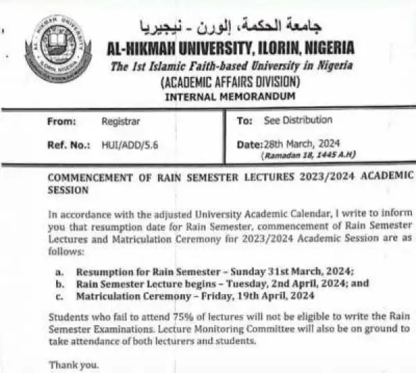 Al-Hikmah University notice on Commencement of rain semester lectures, 2023/2024