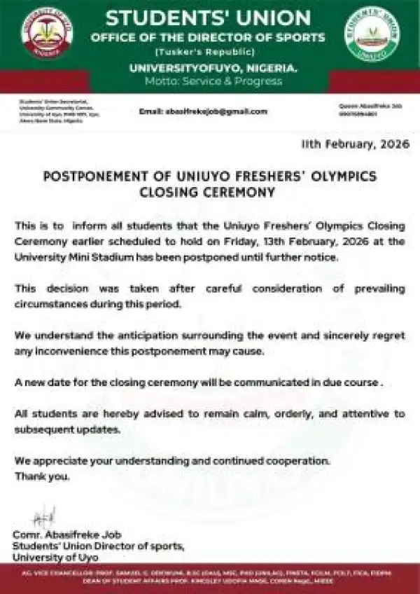UNIUYO Freshers’ Olympics Closing Ceremony Postponed