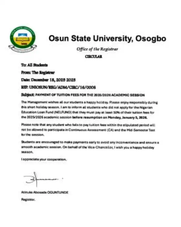 UNIOSUN direct students to pay 50% tuition fees before resumption