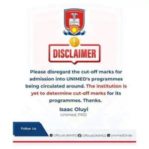 UNIMED disclaimer notice on release of cut off marks, 2024/2025