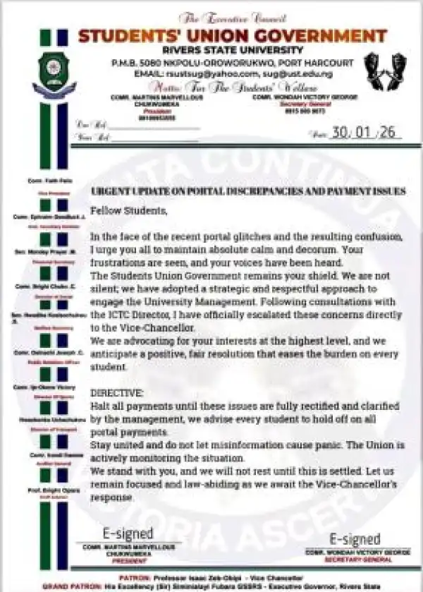 RSUST SUG update on portal discrepancies and payment issues