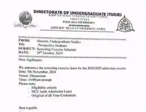 Kaduna COE announces screening for prospective undergraduate students, 2024/2025