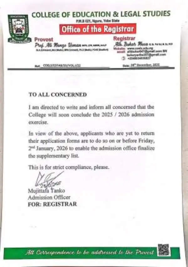 College of Education & Legal Studies, Nguru announces conclusion of admission exercise, 2025/2026