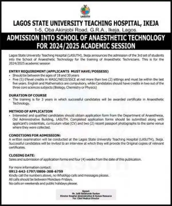 LASUTH admission into Anaesthetic Technology, 2024/2025