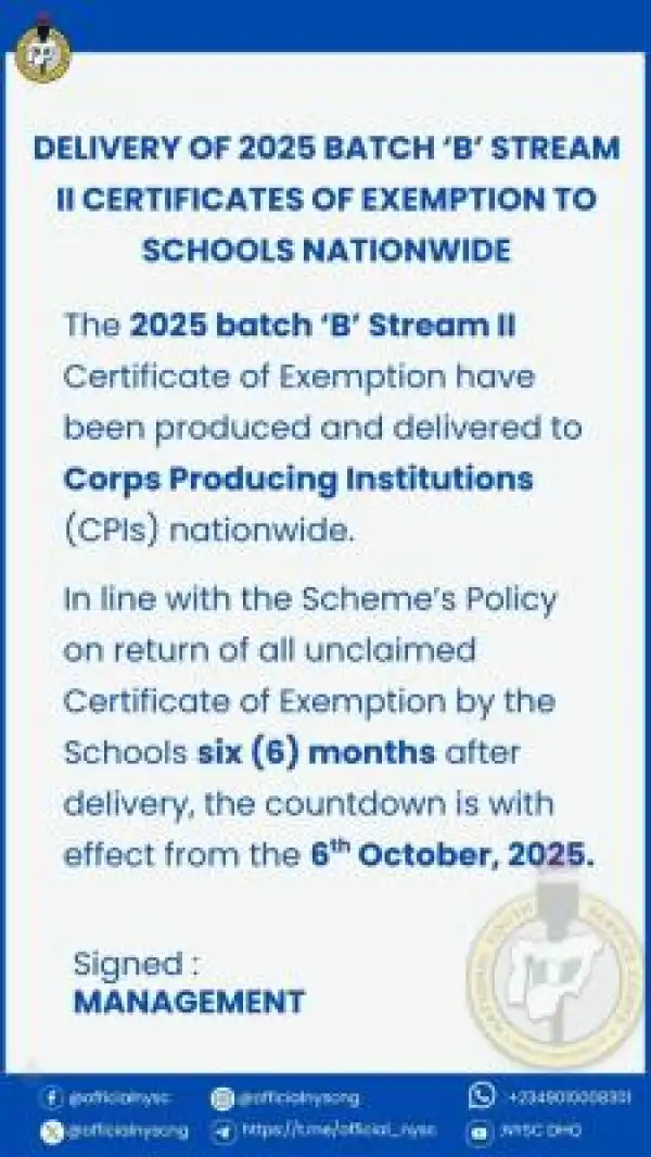 NYSC notice on delivery of 2025 Batch 