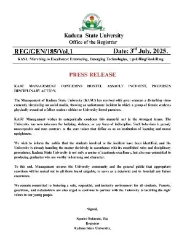 KASU condemns hostel assault incident, promises disciplinary action