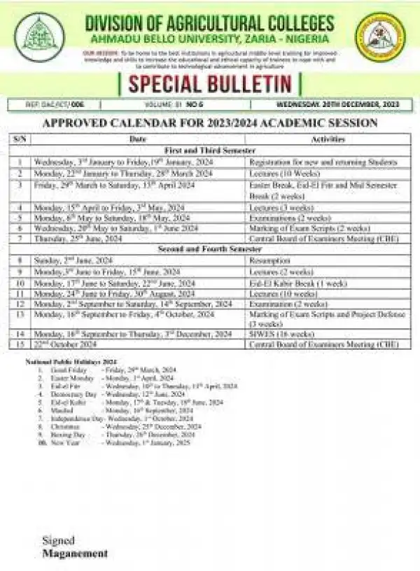 ABU Zaria Division of Agricultural College approved calender, 2023/2024