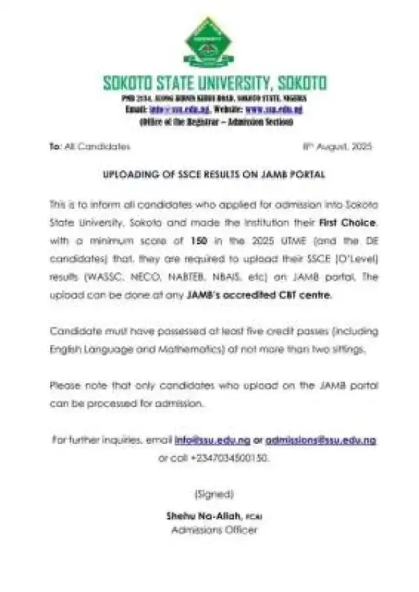 SSU issues notice to prospective students on upload of O