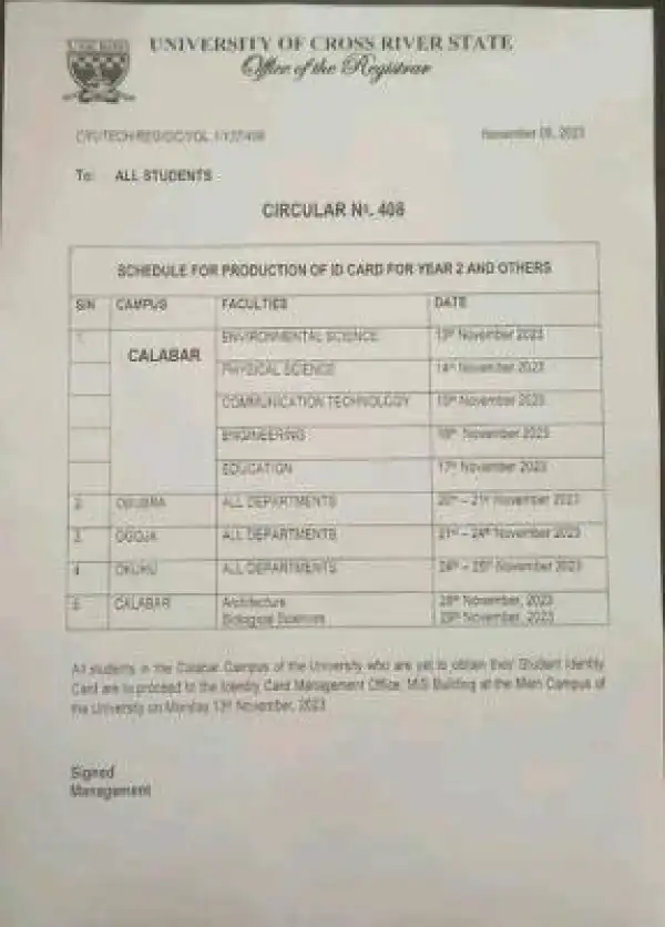 CRUTECH notice on schedule for distribution of students ID Card