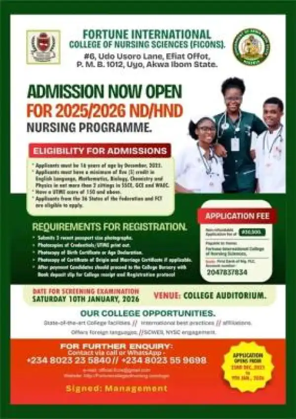 Fortune International College of Nursing Sciences ND/HND Nursing Admission for 2025/2026