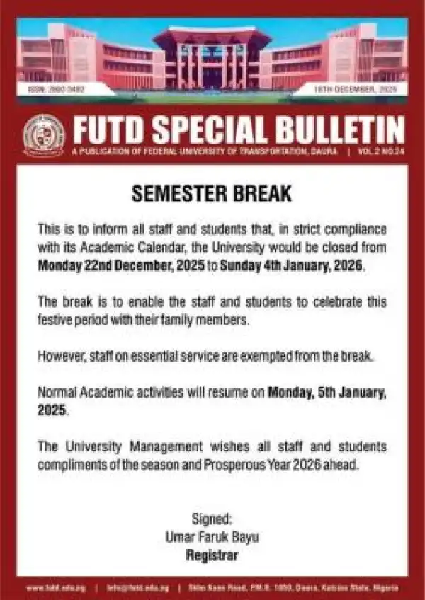 FUTD announces semester break for Staff and Students