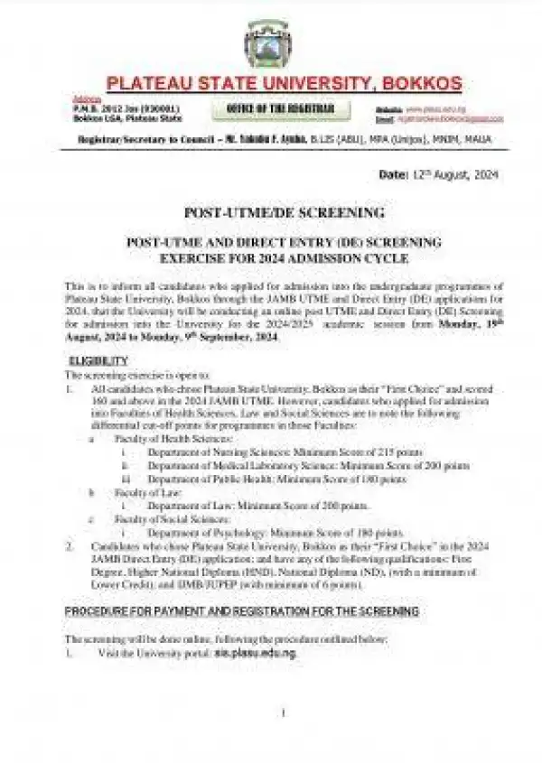 PLASU Post-UTME/DE 2024: cut-off mark, eligibility and registration details