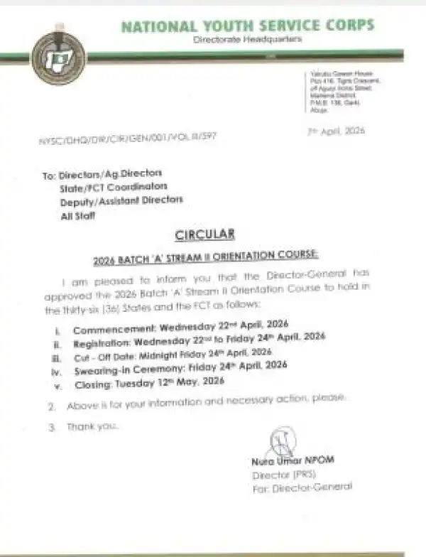 NYSC orientation timetable for 2026 Batch ‘A’ Stream II prospective corps members