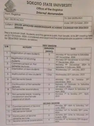 SSU approved undergraduate academic calendar, 2024/2025