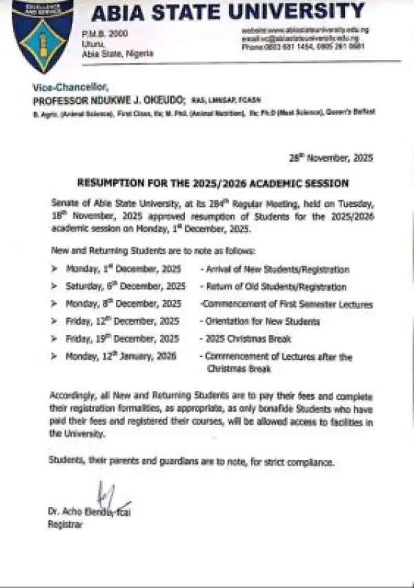 ABSU announces resumption for 2025/2026 session