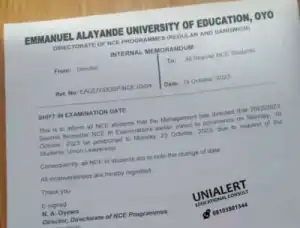 Emmanuel Alayande University of Education notice on shift in NCE examination, 2022/2023