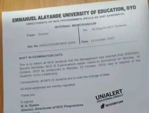 Emmanuel Alayande University of Education notice on shift in NCE examination, 2022/2023
