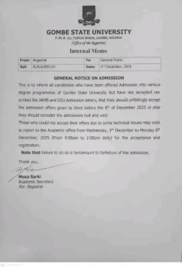 Gombe State University deadline for admission acceptance, 2025/2026