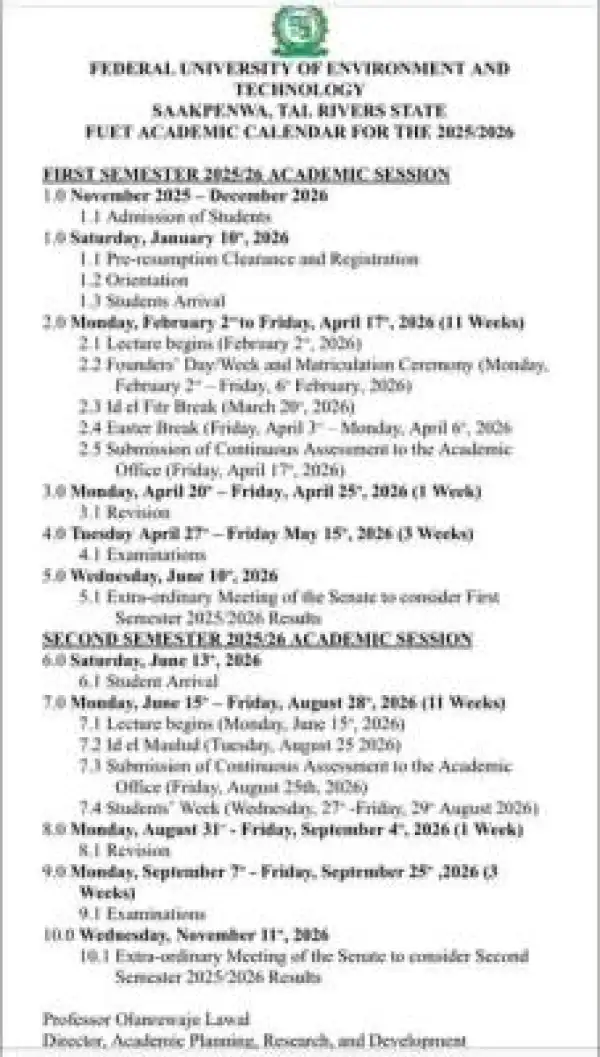 FUET releases Academic Calendar, 2025/2026