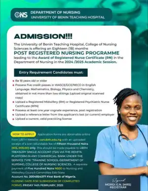 UBTH College of Nursing Sciences Admission into Post Registered Nursing programme