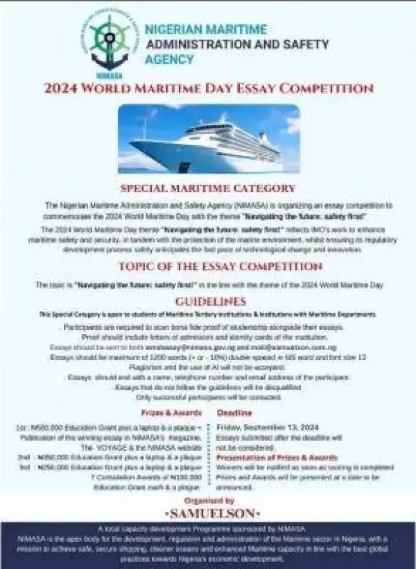 Nigerian Maritime Administration & Safety Agency announces essay Competition- 2024