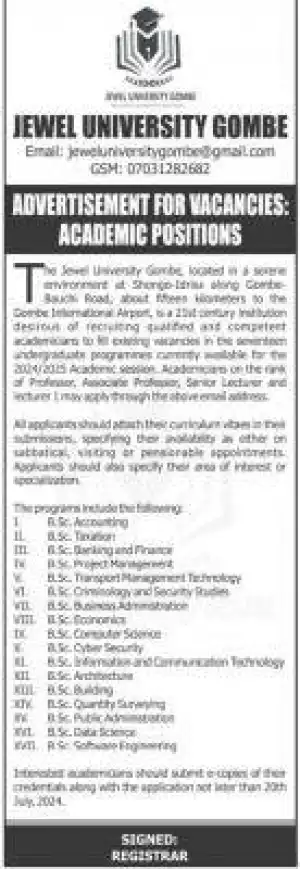 Jewel University Gombe announces advertisement of vacancies for academic positions