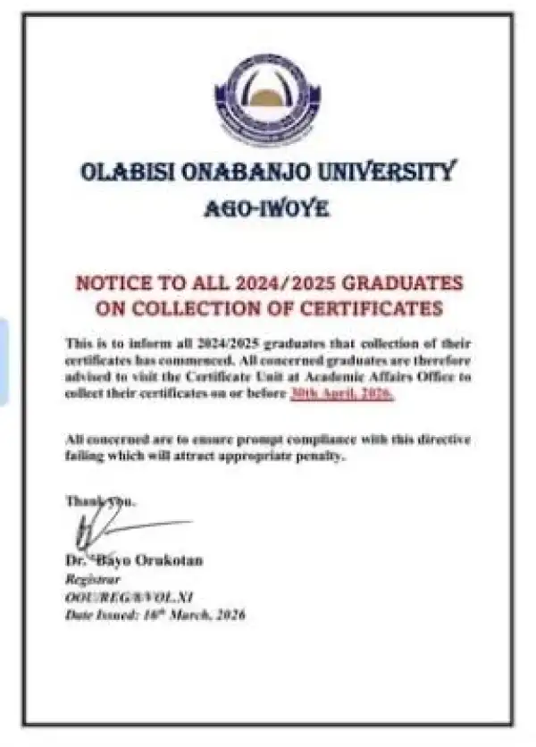 OOU announces commencement of certificate collections for 2024/2025 Graduates