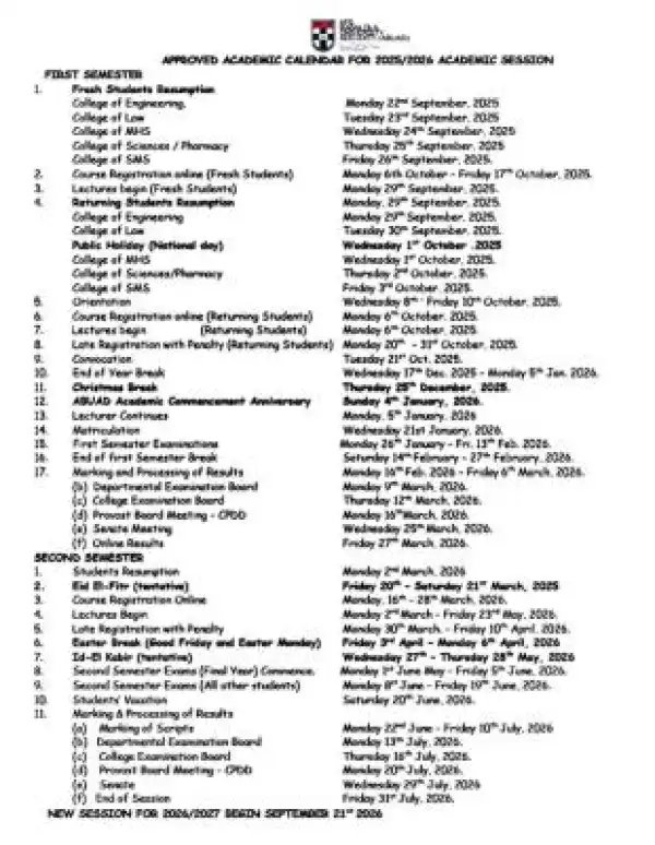 ABUAD approved academic calendar for 2025/2026 session