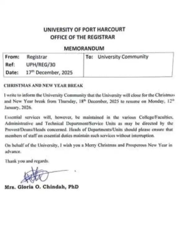 UNIPORT announces Christmas and New Year Break