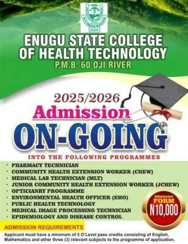Enugu State College of Health Technology sales of admission forms, 2025/2026