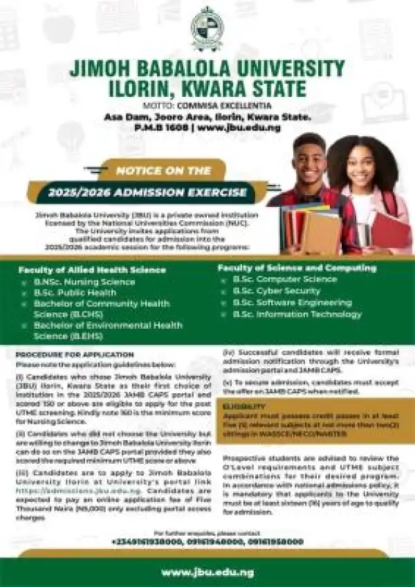 Jimoh Babalola University announces 2025/2026 Admission Exercise